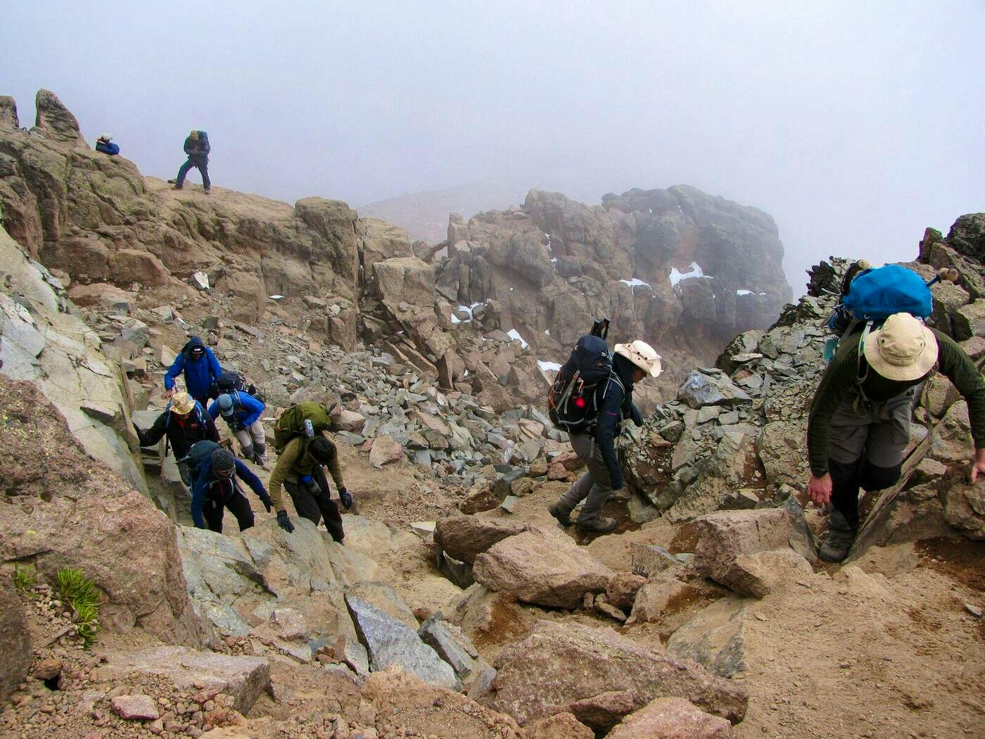 hiking in cloudy weather on mt kenya