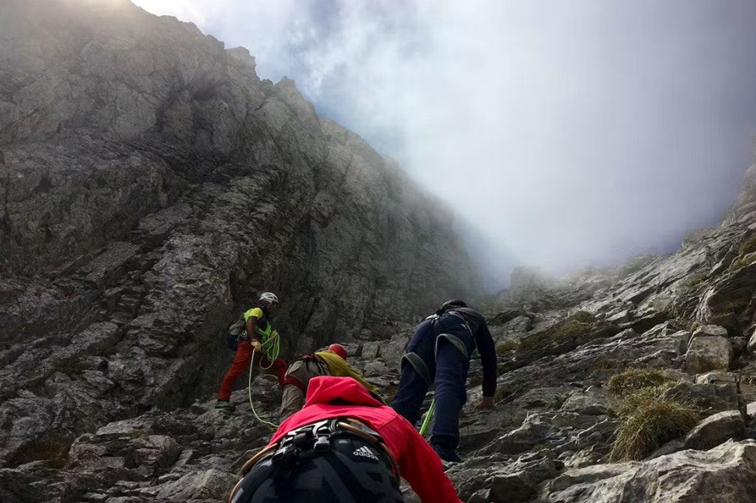 Climbers Scrambling Mytikas