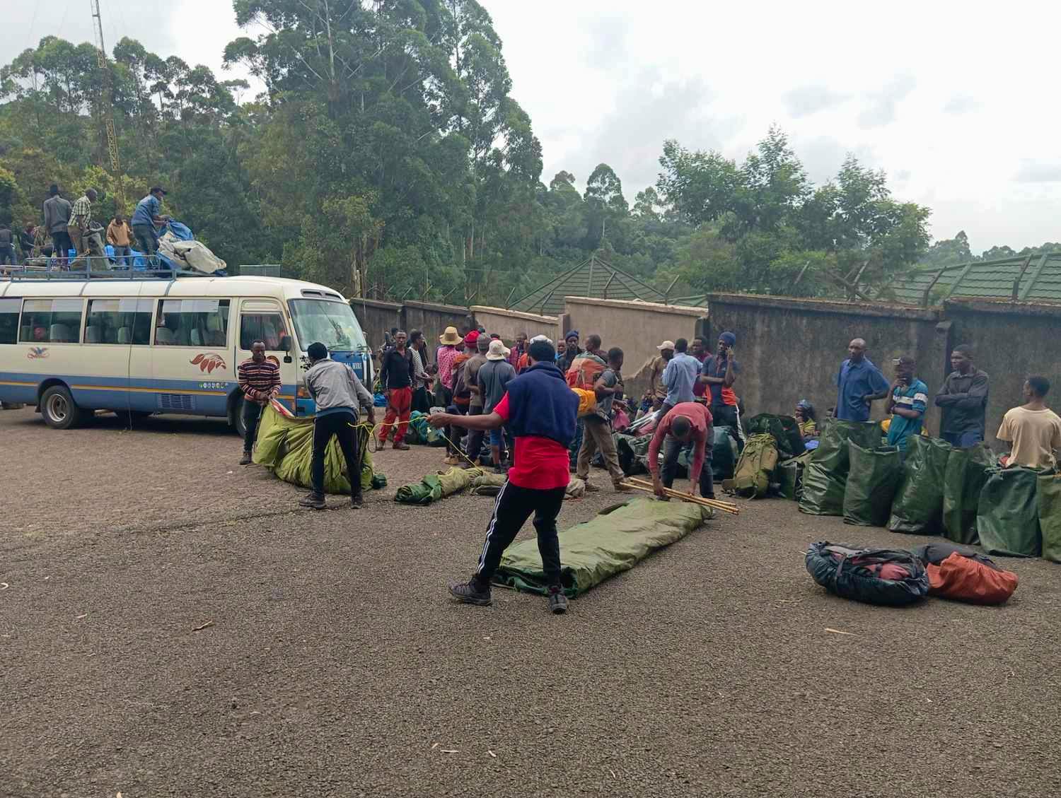Porters packing and preparing at Machame gate