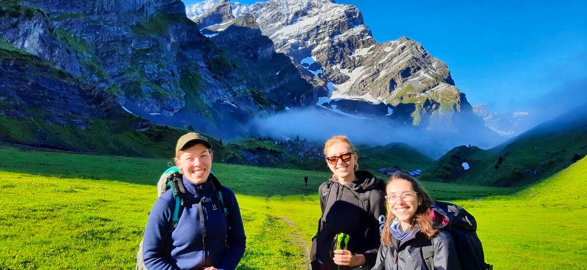 happy hikers on swiss trails